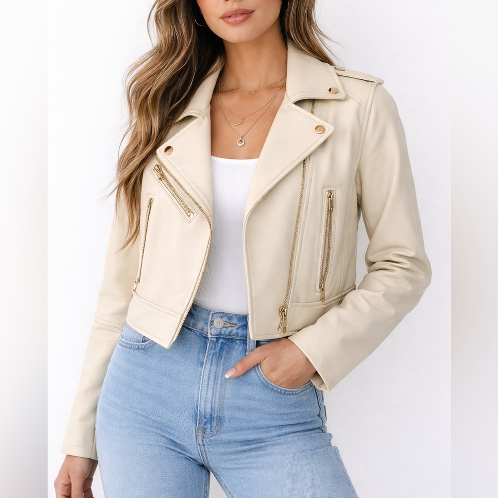 ZARA Faux Leather Moto Jacket XS Cream Beige Biker Style Zippers